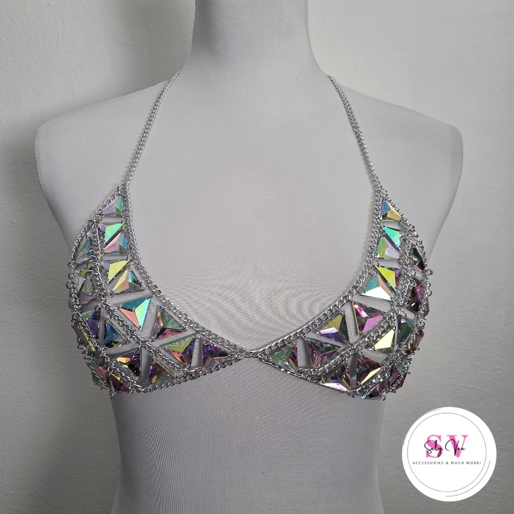 Iridescent Crystal Triangle Chain Necklace Top - Silver Multi